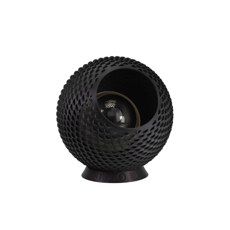 Baguio tafellamp in zwart, 21 cm, 3D-geprint in Leiden, schuin vooraanzicht, uit