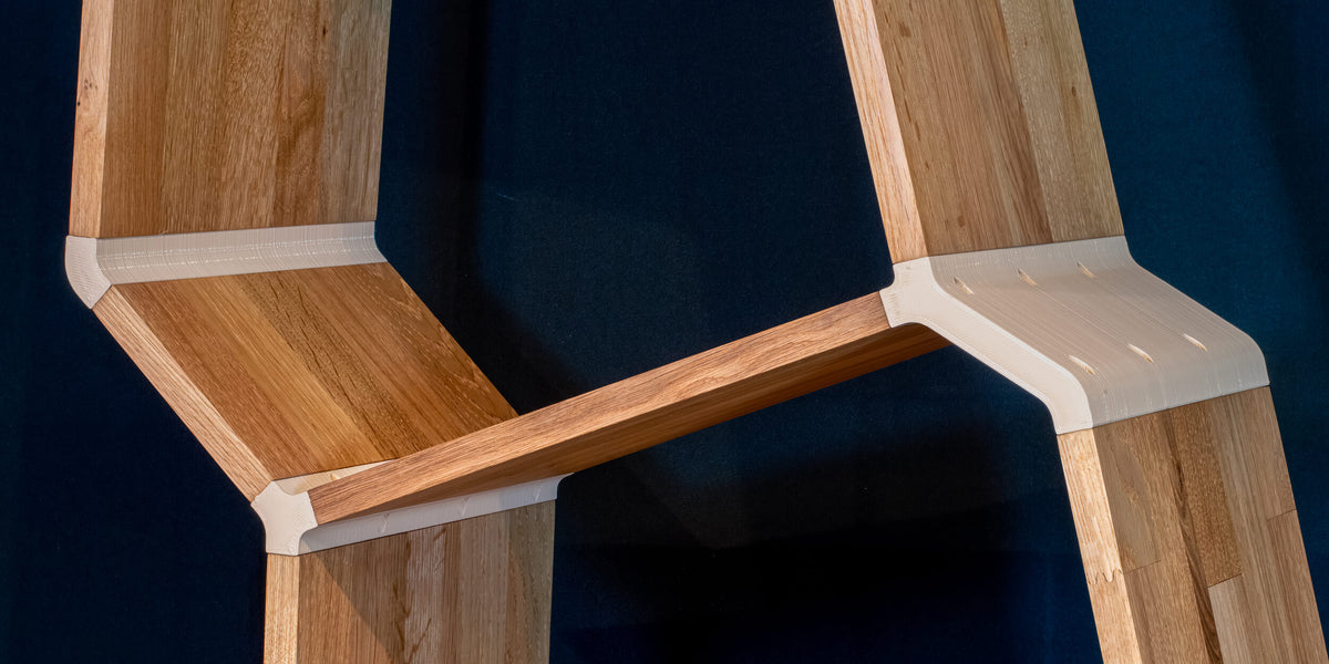 Detail kast ingezoomd op verbindingsstukken 3D-geprint van gerecycled PETG.