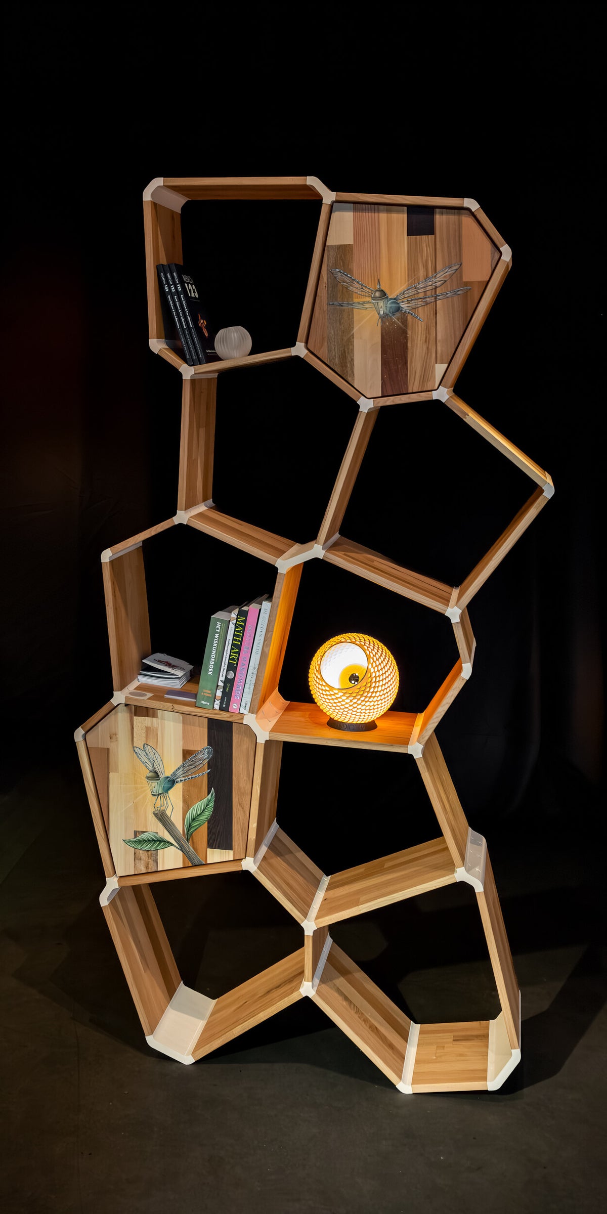 Luzon tienvaks-kast met boeken in twee vakken en een lamp op de horizontale plank in het midden.